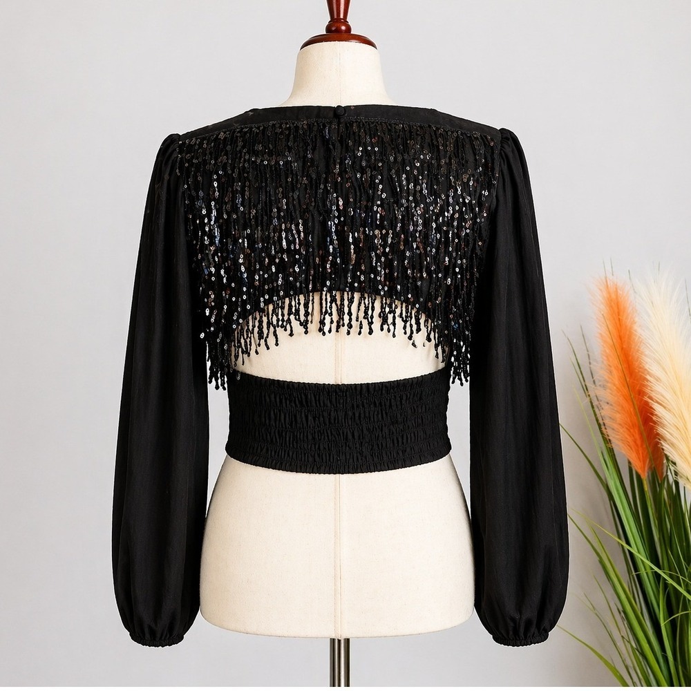 Anthropologie NWT Current Air Black Sequin Back Blouson Sleeve Top SZ Large Glam - Picture 3 of 13